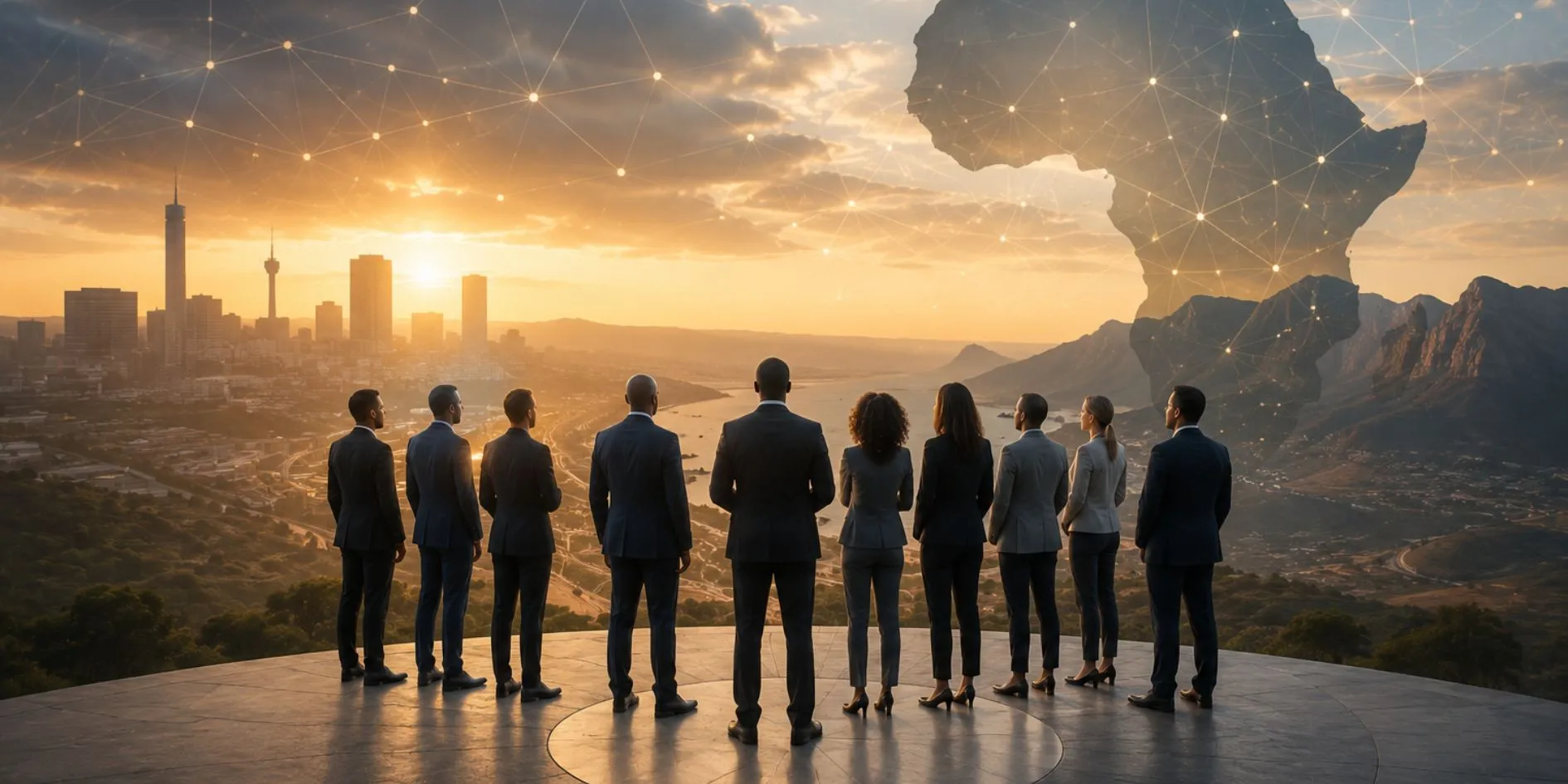 Executive leaders overlooking a South African city with a connected map of Africa
