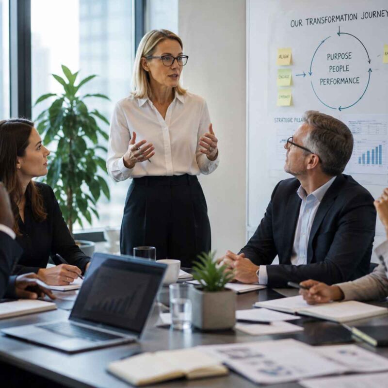 Blonde female executive coach coaching a group of executive to become better leaders.