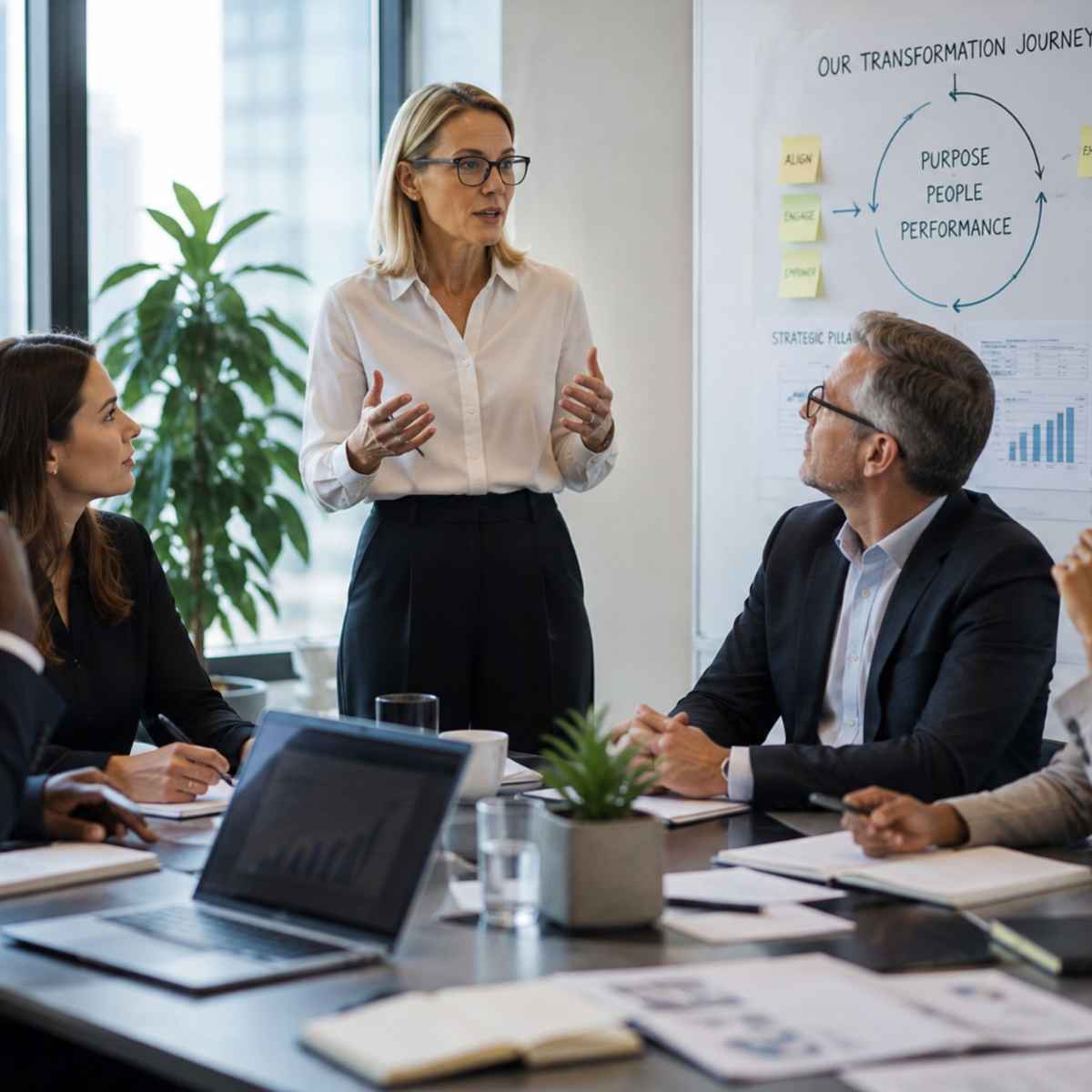 Blonde female executive coach coaching a group of executive to become better leaders.