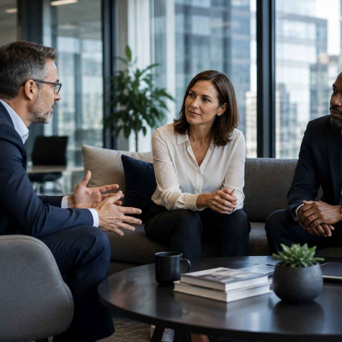 Executive leadership consultants meeting with senior business leaders to discuss executive search, leadership strategy and leadership transformation.