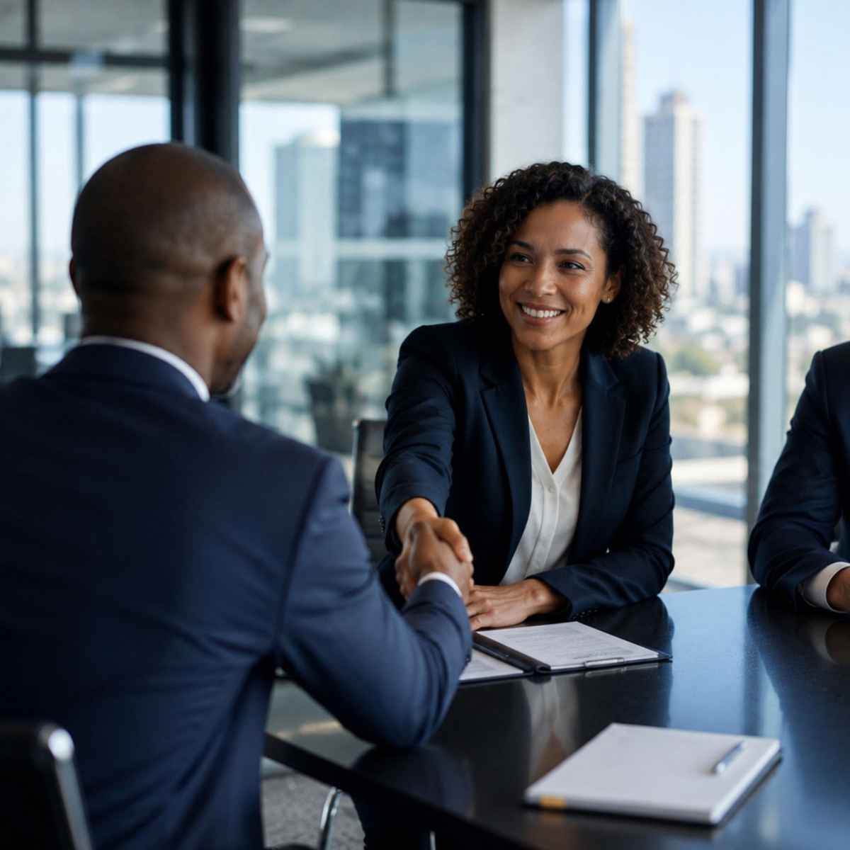 Executive search consultant greeting a leadership candidate during a professional interview at a corporate office.